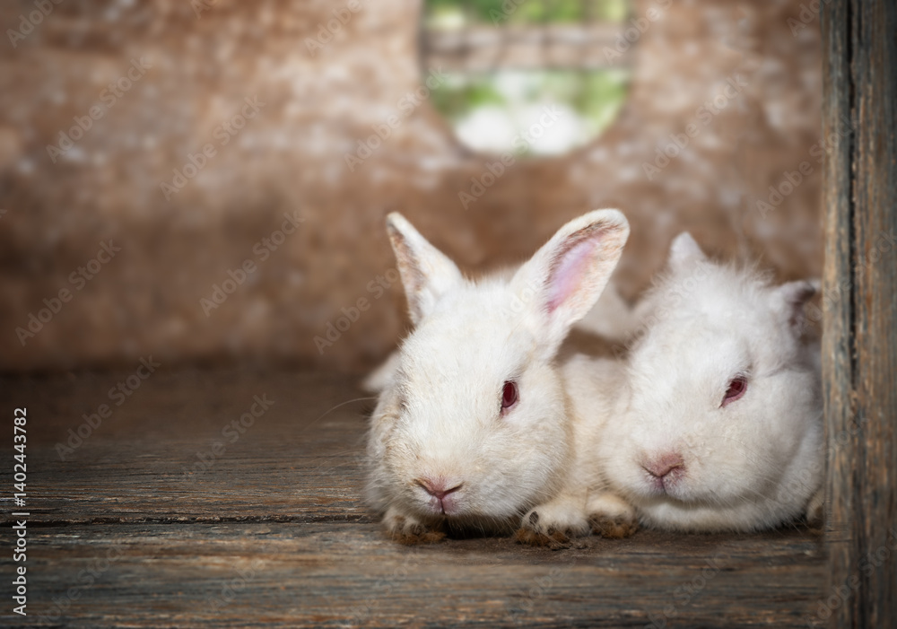 Obraz premium Two cute white rabbits lying together