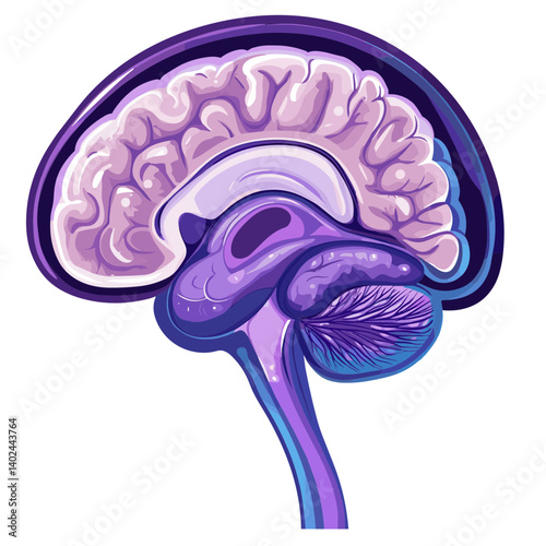 Detailed Illustration of a Human Brain Anatomy in Purple and Blue Hues