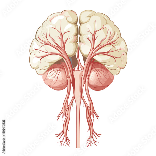 Detailed Illustration of Human Brain Anatomy with Blood Vessels
