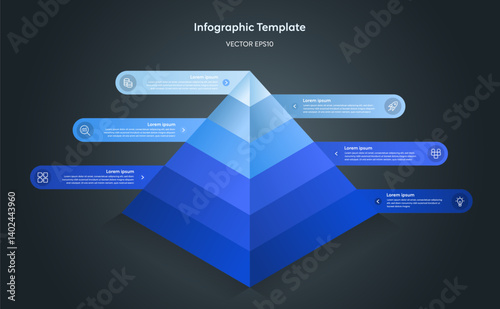 3D Isometric Triangle Pyramid Diagram Infographic Template with 6 Step in Minimal Clean Blue Chart on Black, Six Parts or Process for Successful Marketing Presentation Data Company Dark Website