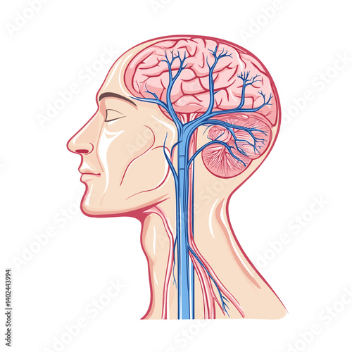Detailed Illustration of Human Head and Neck Anatomy Showing Vascular System