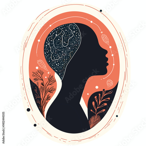 Elegant Woman Profile Silhouette with Cosmos Brain and Floral Design