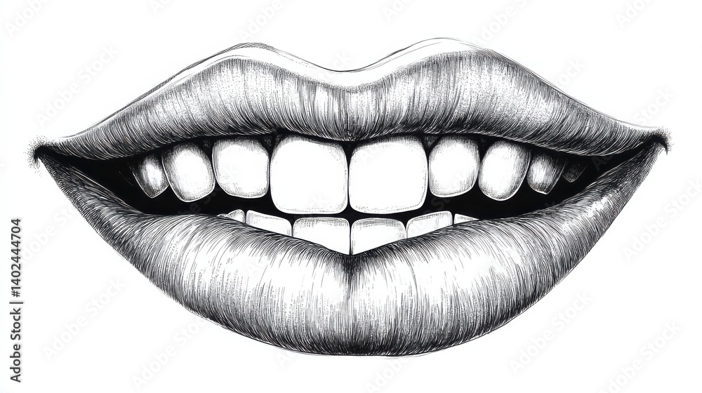 Fototapeta premium Perfect smile with shiny white teeth. Mouth hygiene and dentist medical care illustration. Woman lips with beautiful and happy smiling open mouth. Hand drawn vintage illustration. Old style drawing. 