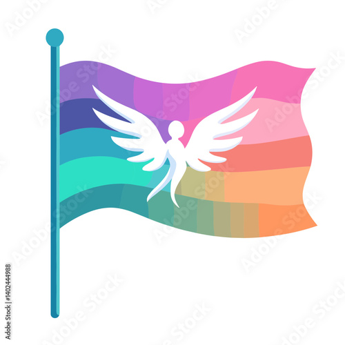 Pastel Rainbow Flag with White Angelic Wings