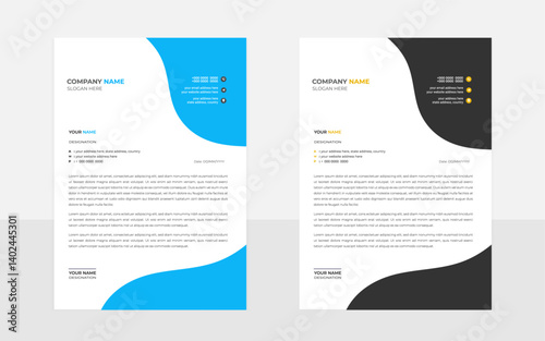 Modern Creative professional letterhead design Template layout with rectangular rounded abstract blac kand blue shape
