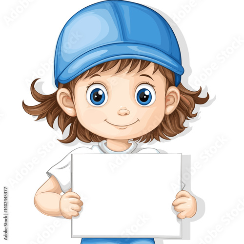 Smiling Girl Holding Blank White Sign Cartoon Illustration