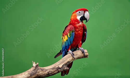 green screen video showing a vibrant parrot perched on a tree branch with isolated background for editing use