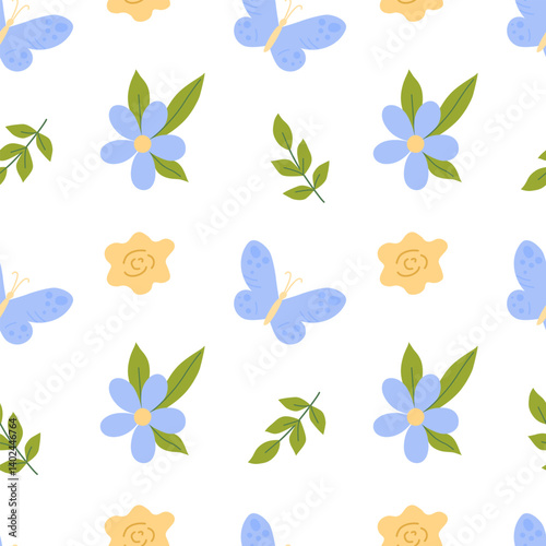 Seamless pattern with childish blue flowers butterfly on white background. Cute vector illustration with floral elements, for design, fabric and textiles.