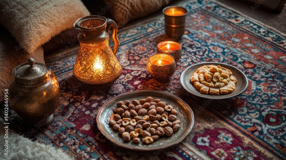 Fototapeta premium Cozy setting with semeni, festive plates of shakarbura, pahlava, and nuts on a traditional carpet 