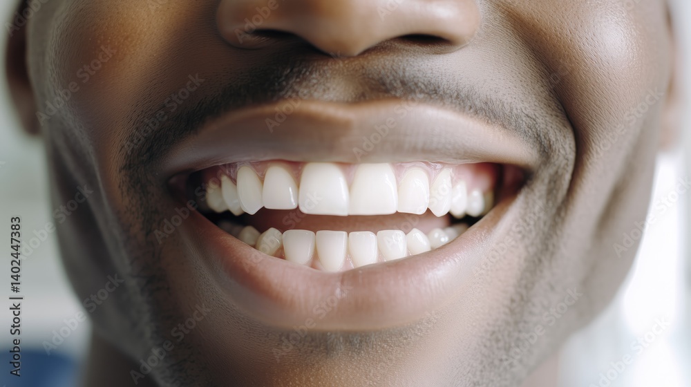 Fototapeta premium A smiling black man with perfect white teeth, close-up on mouth and lips. Dental clinic patient. African American man's mouth