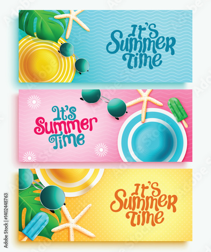 Summer time vector banner set. It's summer time text with leaves, popsicle and hat tropical season elements for sunny holiday collection design. Vector illustration.
