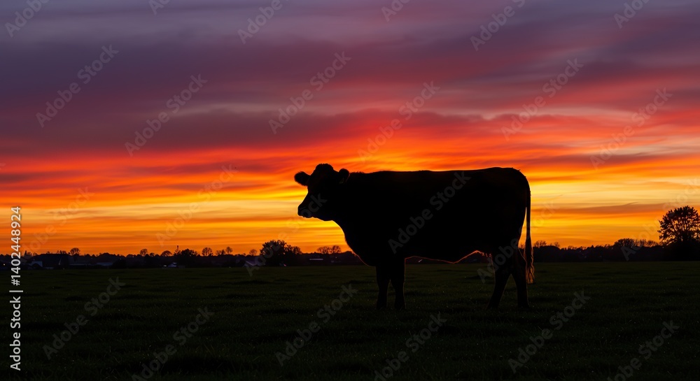 Cow Silhouette Grazing at Sunset with Vibrant Sky on Rural Pasture Cow Silhouette Grazing at Sunset with Vibrant Sky on Rural Pasture