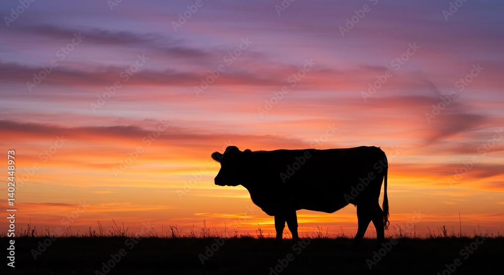 Silhouette of a Cow Grazing at Colorful Sunset Over Rural Pasture Silhouette of a Cow Grazing at Colorful Sunset Over Rural Pasture