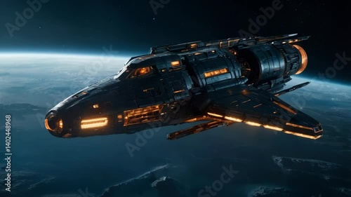 Wallpaper Mural A large, futuristic spaceship, satellite or space station in space, with metallic textures, intricate mechanical components, high orbit over a blue planet Torontodigital.ca