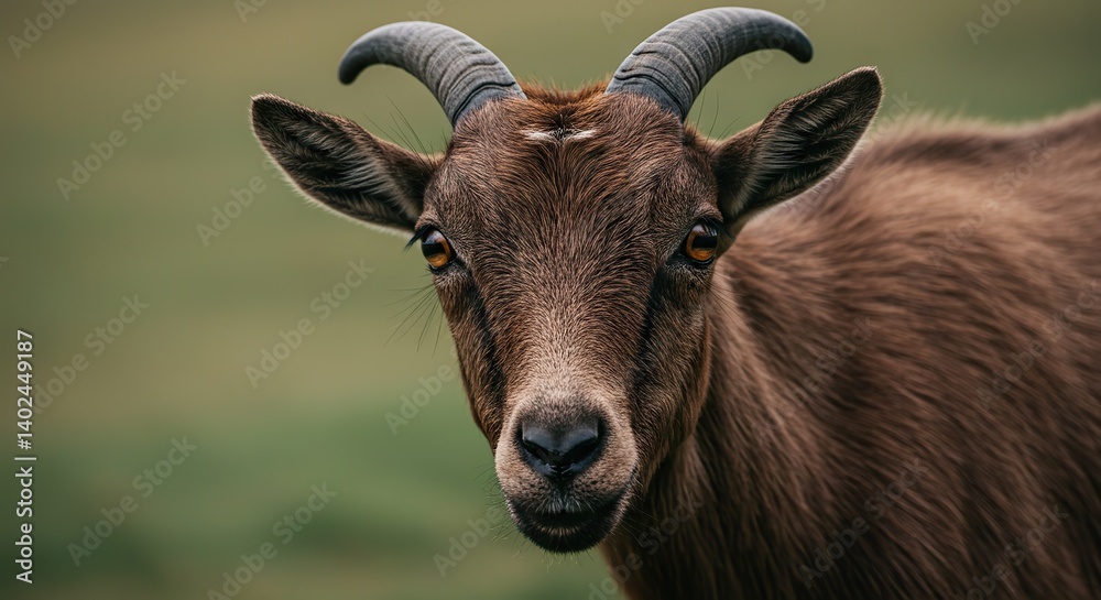 Close-up Portrait of Brown Goat with Horns in Natural Setting Close-up Portrait of Brown Goat with Horns in Natural Setting