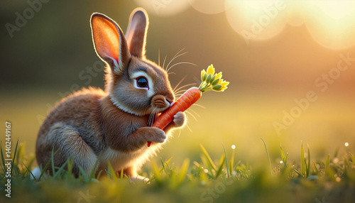  Little brown rabbit gnawing carrot in meadow