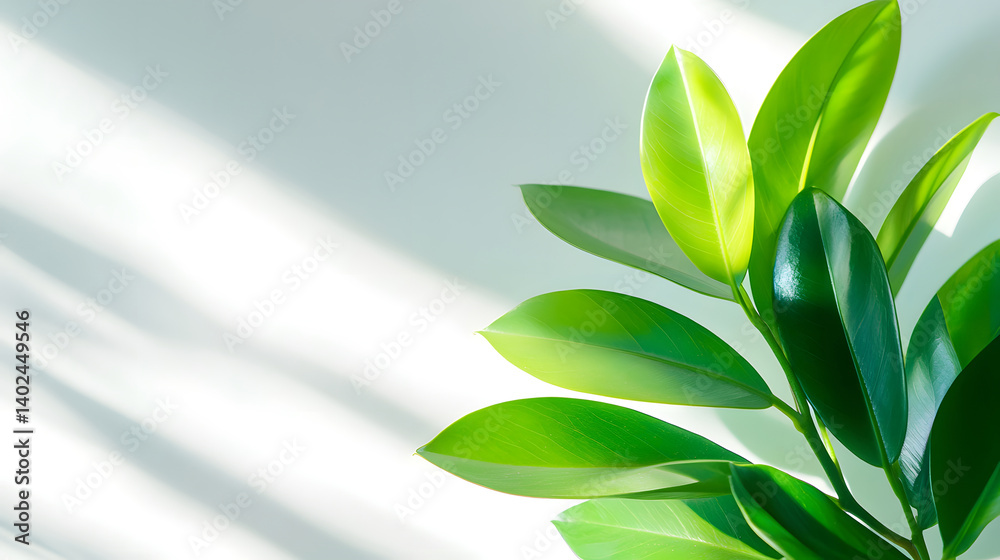 Fototapeta premium The clean interior is decorated with white walls and green plants