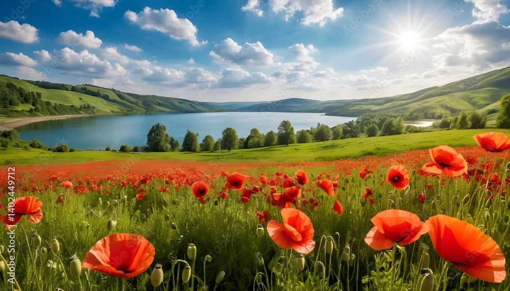 Fototapeta premium Idyllic Poppy Field by a Tranquil Lake