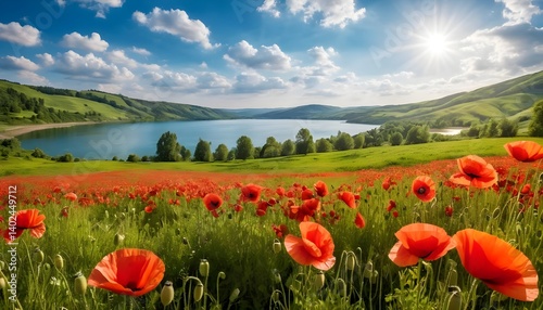 Idyllic Poppy Field by a Tranquil Lake