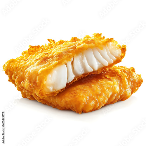 A golden crispy fried fish fillet with seasoned batter, tender fish interior, and crispy edges