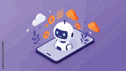 futuristic vector illustration of a small AI robot emerging from a smartphone screen. The robot should have an approachable design, featuring a smiling face and an antenna on top. 