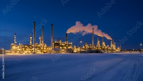 Illuminated Refinery at Dusk in Winter