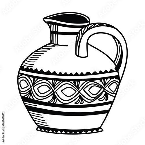 Ancient Greek Terracotta Water Jug, amphora is an old brown clay pottery vase, a traditional ceramic container with antique decoration