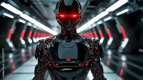 Futuristic Robot With Glowing Red Eyes in Metallic Setting of a Sci-Fi Environment