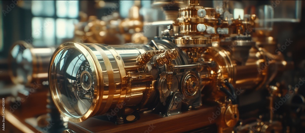 Fototapeta premium Antique brass engine close-up, museum display