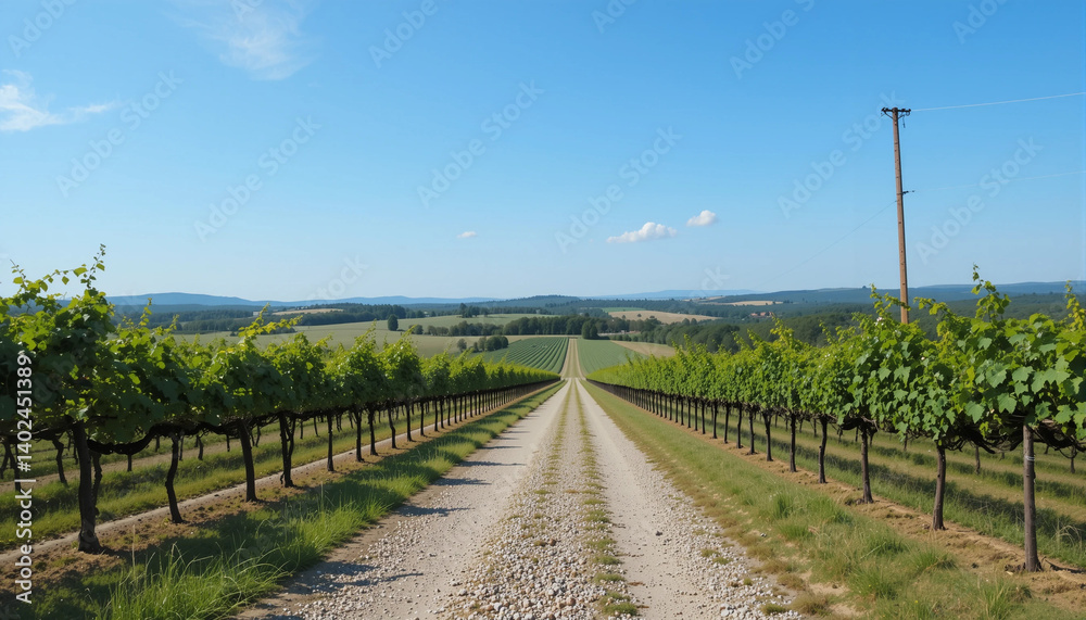 Obraz premium Vineyard Road: A picturesque gravel road winds through a vibrant vineyard, leading the eye towards a tranquil landscape under a bright blue sky.