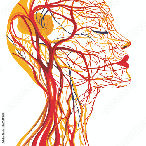Abstract Illustration of Female Head and Neck Anatomy Showing Intricate Vascular System in Red Orange and Yellow