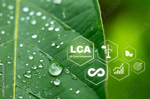 Close-up of Leaf with Water Droplets and Life Cycle Assessment Icons