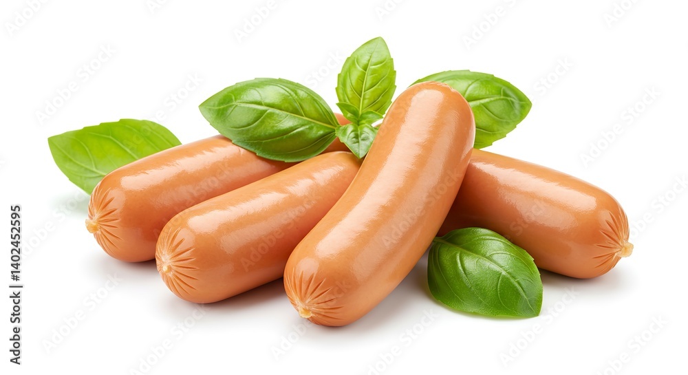 Sausages with Fresh Basil Leaves Isolated on White Background Still Life Sausages with Fresh Basil Leaves Isolated on White Background Still Life