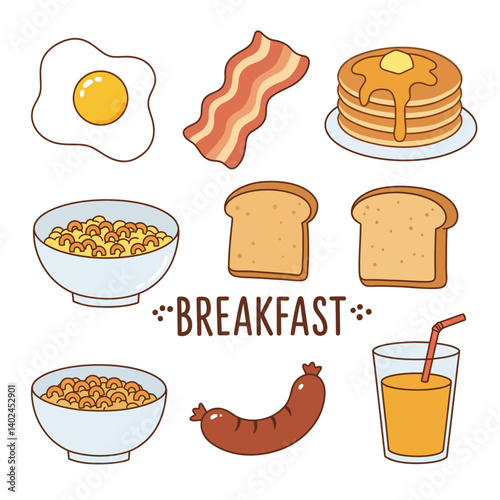 Cartoon Breakfast Food Icons Egg with Bacon, and Pancakes.