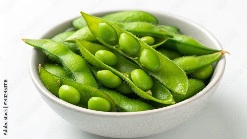 This close-up captures a white bowl filled with bright green edamame, showcasing both closed and partially opened pods, highlighting their freshness and natural texture This close-up captures a white bowl filled with bright green edamame, showcasing both closed and partially opened pods, highlighting their freshness and natural texture