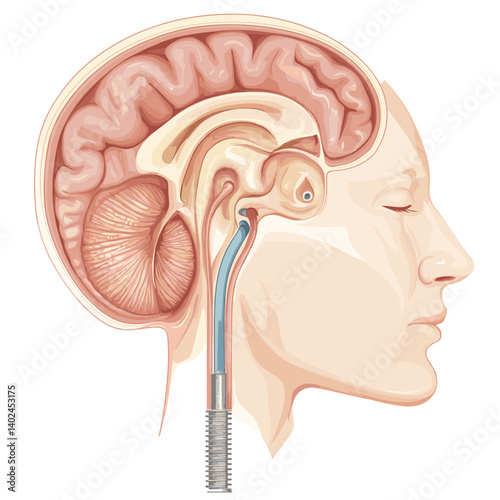 Detailed Human Brain Anatomy Illustration Showing Cerebrospinal Fluid Pathways