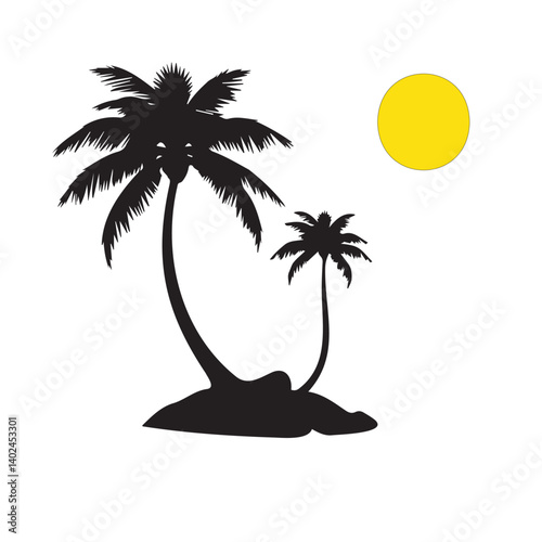 Tropical beach vector illustration of a palm tree silhouette at sunset, a summer paradise