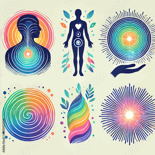 Chakra Energy Healing Symbols with Spiritual Wellness Art.