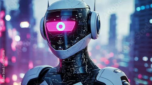 Futuristic Robot Portrait with Neon Lights and Urban Background in a Cyberpunk City Setting