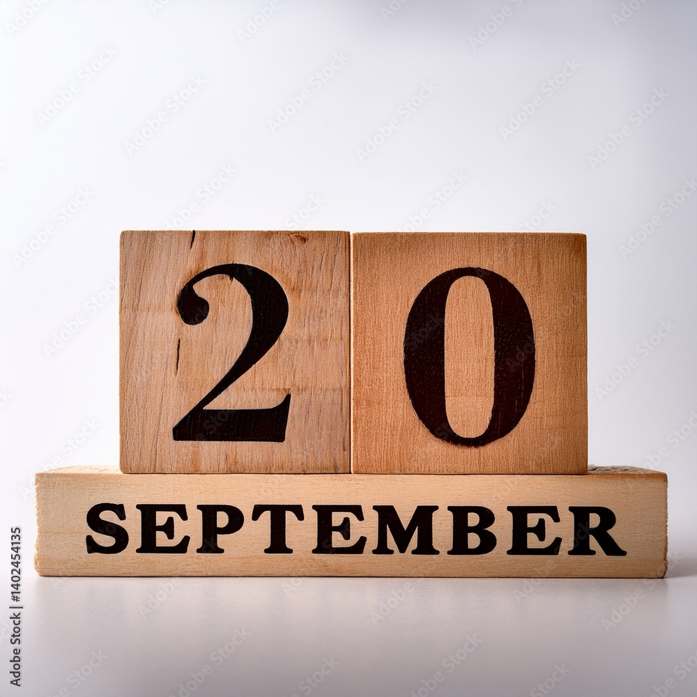 Minimalist photo of wooden blocks with date 20 September. Day and month, calendar on white background Minimalist photo of wooden blocks with date 20 September. Day and month, calendar on white background