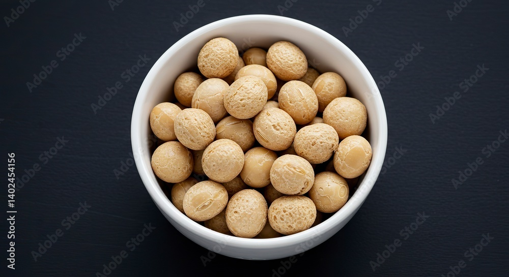 Roasted Soybeans in White Bowl on Dark Background, Healthy Snack Roasted Soybeans in White Bowl on Dark Background, Healthy Snack
