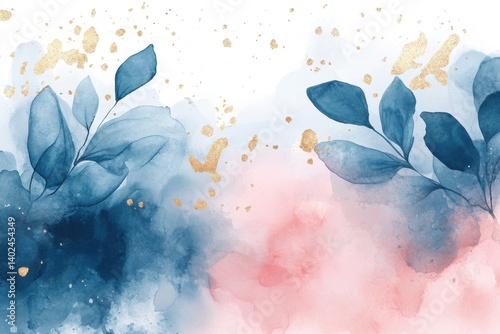 Abstract Watercolor Painting Blue Pink Gold Leaves,