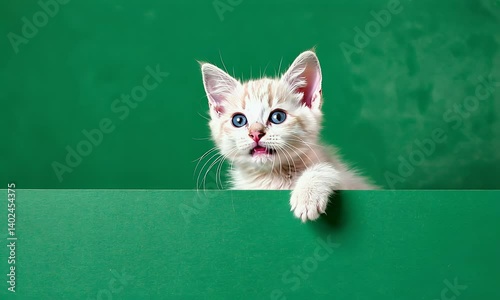 green background video features playful white kitten looking out from vivid screen perfect for digital compositing work