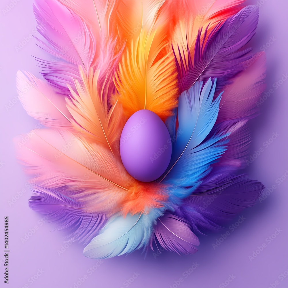 Colorful feathers surrounding a purple egg on a pastel background.