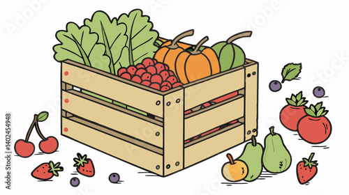 A rustic wooden crate overflowing with fresh autumn harvest bounty pumpkins berries leafy greens and more illustrated in warm