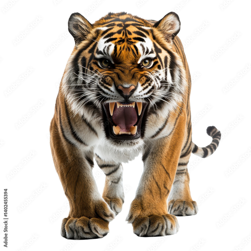 Fototapeta premium Angry bengal tiger roaring wildlife animal predator feline wildcat image on transparent background