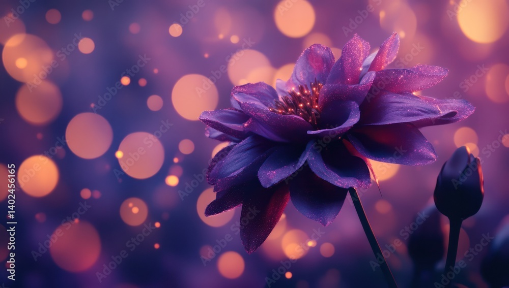 Purple flower with bokeh lights in background creating a dreamy soft effect. Purple flower with bokeh lights in background creating a dreamy soft effect.