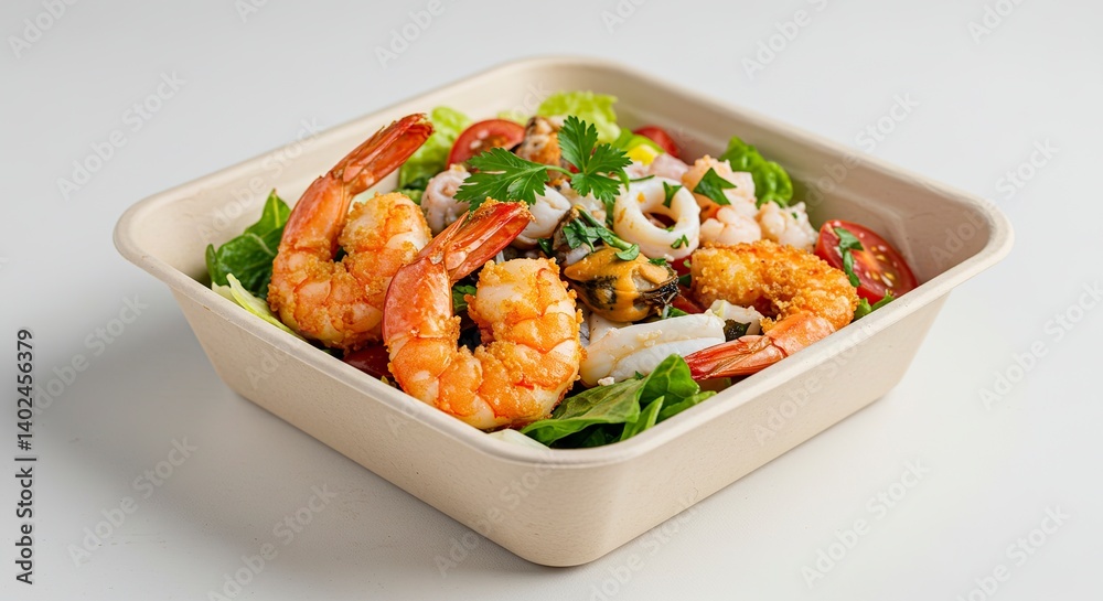 Delicious Shrimp and Seafood Salad with Tomatoes in Square Container Delicious Shrimp and Seafood Salad with Tomatoes in Square Container