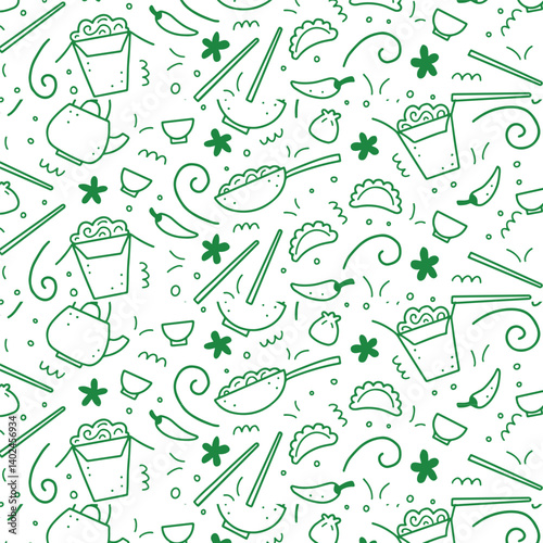 Seamless Green Outline Fruit and Vegetable Pattern Background