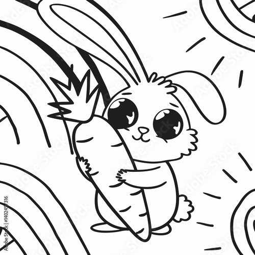 Adorable cartoon bunny clutching a carrot, set against a vibrant, colorful backdrop—perfect for kids' designs, prints, and digital projects